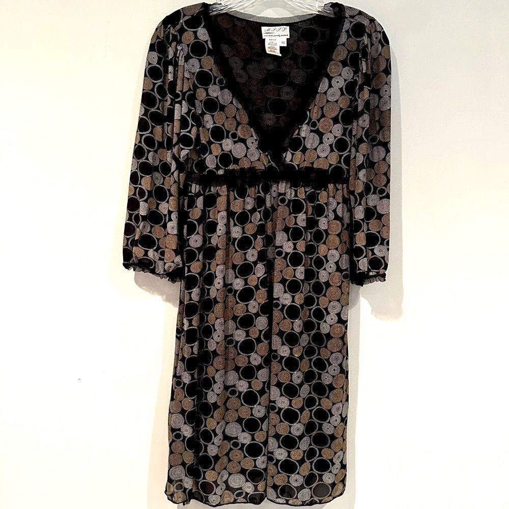 M.S.S.P Geometric Modern Dress Women's XS Black Ruffled Tulle Neck Empire Waist‎